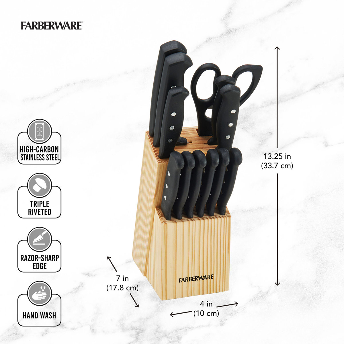 Farberware 22-Piece Never Needs Sharpening Triple Rivet Stainless Steel Knife Block and Kitchen Tool Set